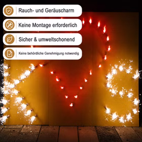 Lichterbild Brennendes rotes Herz mit Buchstaben Zwei Buchstaben nach Wahl Geschenkidee Hochzeit Verlobung Jubiläum Liebesbeweis Lichterbild rotes Herz mit 2 Buchstaben zum Beispiel K und S mit Hinweis-Bannern zu raucharmem und genehmigungsfreiem Einsatz.