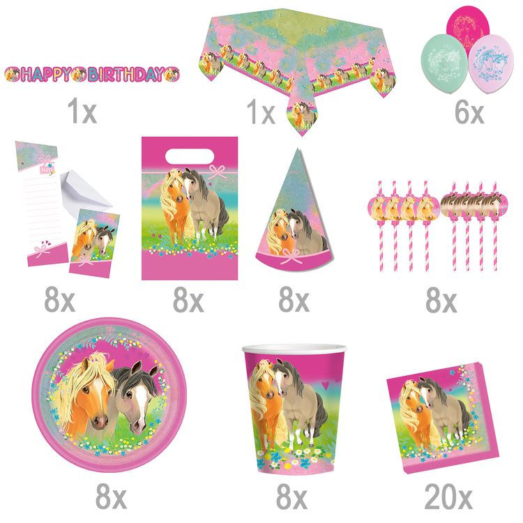 Pferde Party-Set Kindergeburtstag Deluxe Best Friends 76-tlg. Party-Deko Pferde Party-Set Kindergeburtstag Deluxe Best Friends 76 Teile Party-Geschirr Tiermotive Pferde Pony rosa Mädchen Tischdeko Mottoparty