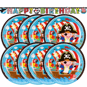 Piraten Party-Set 9-teilig Seeräuber Tisch-Deko Party-Zubehör Geburtstag Kindergeburtstag Dekoration Happy Birthday Übersicht über das Piraten-Party-Set mit acht Tellern und einem Happy-Birthday-Banner.