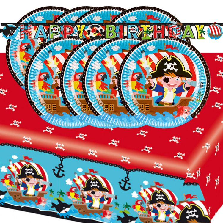 Piraten Party-Set 10-teilig Seeräuber Tisch-Deko Party-Zubehör Geburtstag Übersicht über das Piraten-Party-Set mit Tischdecke, Tellern und Happy-Birthday-Banner.