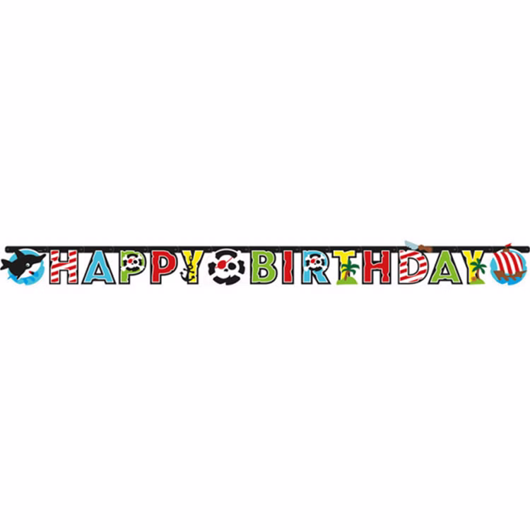 Piraten Party-Set 9-teilig Seeräuber Tisch-Deko Party-Zubehör Geburtstag Kindergeburtstag Dekoration Happy Birthday Happy Birthday Banner mit Piraten-Motiv von Vorne.