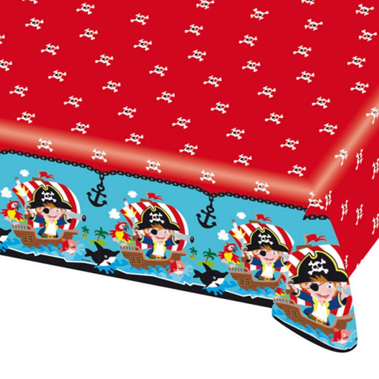 Piraten Party-Set 10-teilig Seeräuber Tisch-Deko Party-Zubehör Geburtstag Übersicht über das Piraten-Party-Set mit Tischdecke, Tellern und Happy-Birthday-Banner.