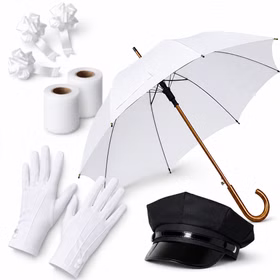 8-teiliges Chauffeur-Set mit weißem Schirm, Schirmmütze, Handschuhen, drei Autoschleifen und zwei Tüllrollen.