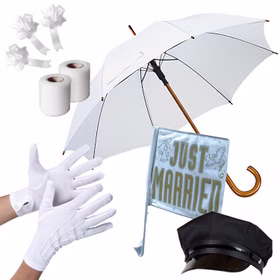Chaffeur Set Hochzeitsfahrer 5-tlg. Schirm Autofahne Just Married Handschuhe Schirmmütze Chaffeur-Mütze Schleifenband Autoschleife Zubehör