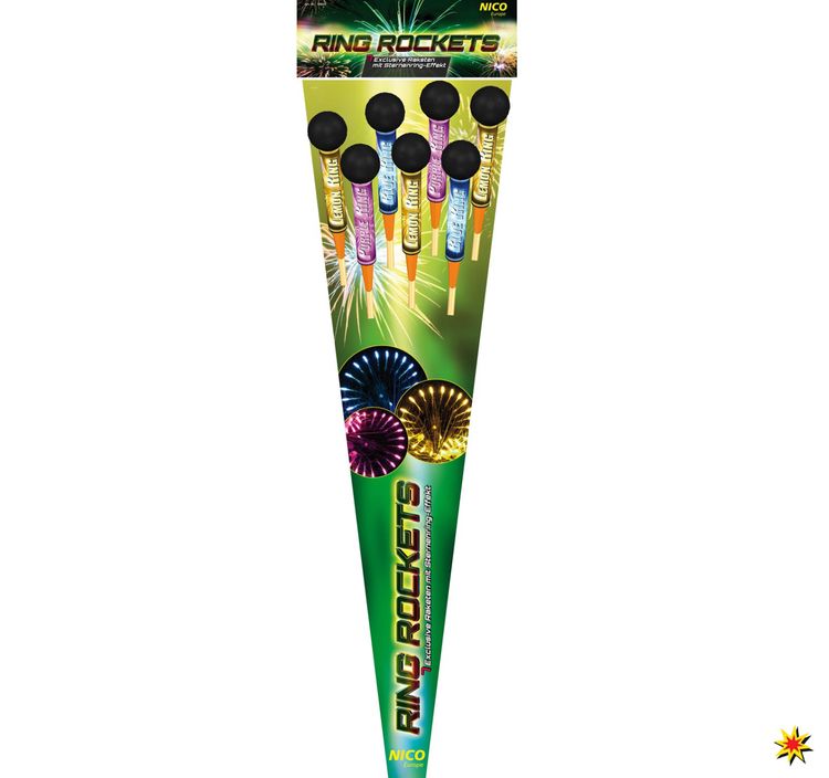 7 bunte Feuerwerksraketen in einer Verpackung