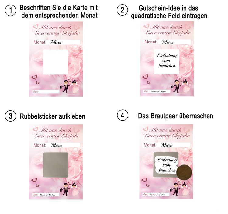 Hochzeitsspiel Geschenkgutschein Partyspiel Mit uns durch das 1. Ehejahr: 12 Karten inkl. Rubbelsticker Heiraten Brautpaar Geschenkidee Hochzeit Wedding