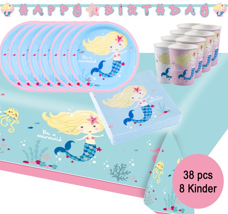 Party-Set Happy Birthday Kindergeburtstag kleine Meerjungfrau Mermaid 38-tlg. Party-Geschirr Unterwasserwelt Meer Geburtstag Mottoparty Deko Tisch-Deko Party-Deko
