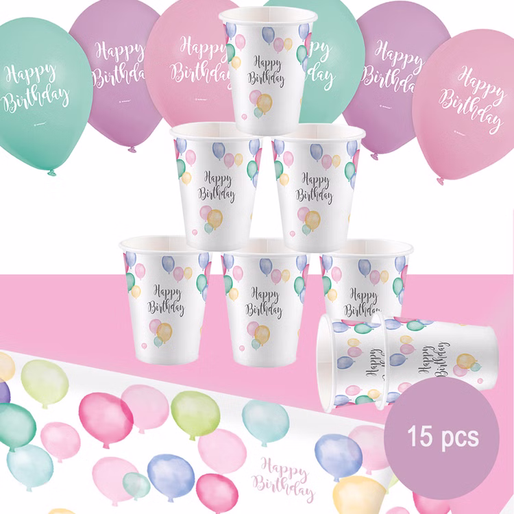 Luftballon Party-Set Happy Birthday Kindergeburtstag Pastell 15-tlg. Party-Deko Tisch-Deko Party-Zubehör für jeden Anlass Dekoration Luftballons Gesamtübersicht des pastellfarbenen Party-Sets bestehend aus 15 Teilen mit Luftballons, Bechern und einer Tischdecke.