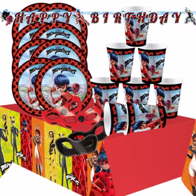 Party-Set Kindergeburtstag Miraculous Ladybug Cat Noir 26-tlg. Geburtstag Geschirr Mädchen Superhelden Kinderfasching Einschulung Mottoparty Übersicht über das Miraculous-Party-Set.