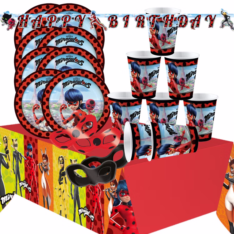 Party-Set Kindergeburtstag Miraculous Ladybug Cat Noir 26-tlg. Geburtstag Geschirr Mädchen Superhelden Kinderfasching Einschulung Mottoparty Übersicht über das Miraculous-Party-Set.