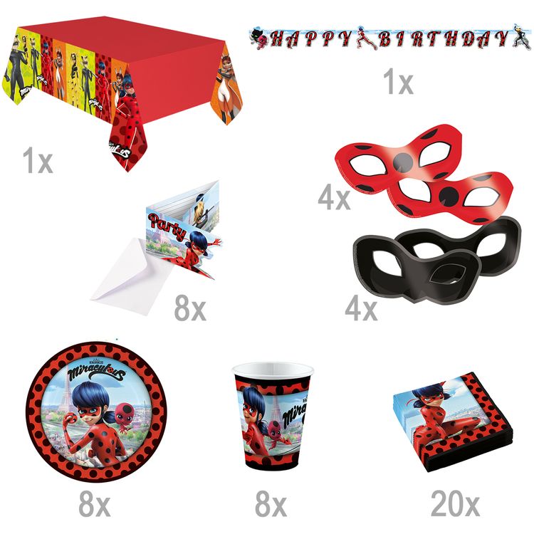 Party-Set Kindergeburtstag Miraculous Ladybug Cat Noir, 54-tlg. Party-Set Kindergeburtstag Miraculous Ladybug Cat Noir 54-tlg. Geburtstag Geschirr Mädchen Superhelden Kinderfasching Einschulung Mottoparty