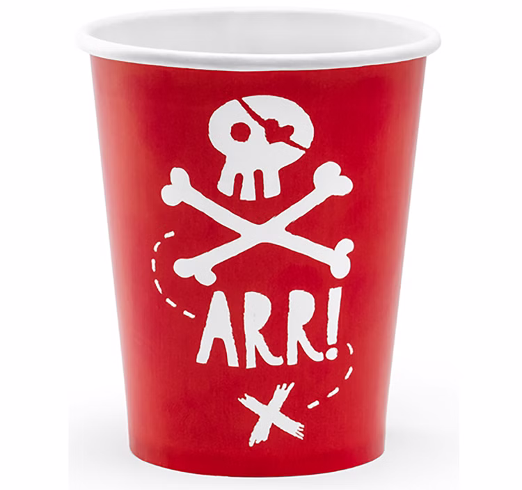 Piraten Partybecher Rot Schwarz Weiß 6 Stück 220 ml Piratenparty Deko Tisch-Deko Geburtstag Kindergeburtstag Mottoparty Piratenparty Roter Piraten-Pappbecher mit weißem Totenkopf-, Knochen- und ARR-Motiv auf hellem Hintergrund.
