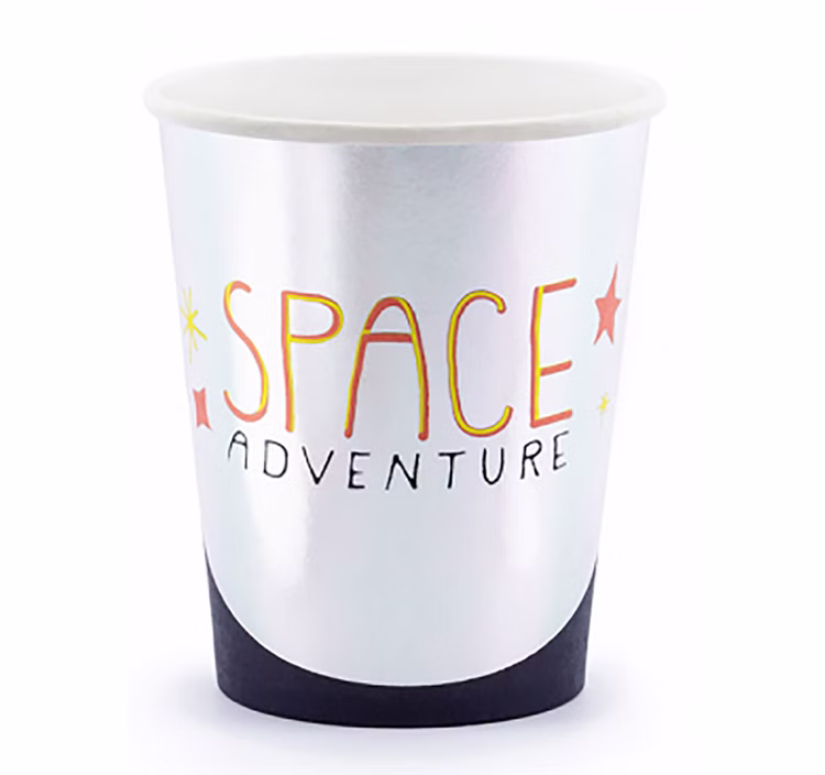 6 Astronaut Becher 200 ml Space Adventure Weltraum Partybecher Tisch-Deko SALE Party-Deko Weltraum Mottoparty Space Kindergeburtstag Silberfarbener Pappbecher mit „Space Adventure“-Aufdruck und 200 ml Fassungsvermögen für Weltraum- und Astronauten-Partys.