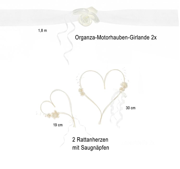 Autoschmuck Hochzeit Wedding Car Deko Rosenblüten creme 4-tlg. Deko-Set Autoschmuck Hochzeit Wedding Car Deko Rosenblüten creme 4-tlg. Deko-Set Autoschleife Motorhaube Blumen Rattanherzen mit Saufnäpfen Wedding-Car Hochzeitsauto