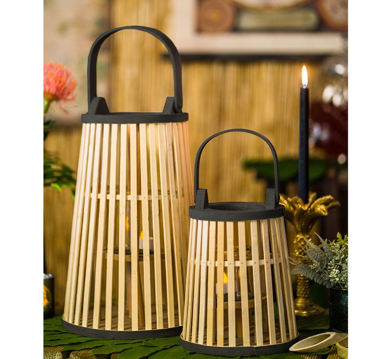 Große Bambus Laterne Holz Zylinder Gartenlaterne Windlicht Deko
