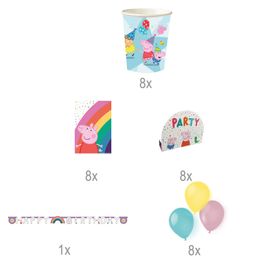 Peppa Wutz Party-Set aufgebaut mit Bechern, Girlande, Geschenktüten, Einladungskarten und Luftballons. Die Tischdecke gehört nicht zum Lieferumfang dazu.