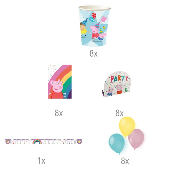 Peppa Wutz Party-Set aufgebaut mit Bechern, Girlande, Geschenktüten, Einladungskarten und Luftballons. Die Tischdecke gehört nicht zum Lieferumfang dazu.