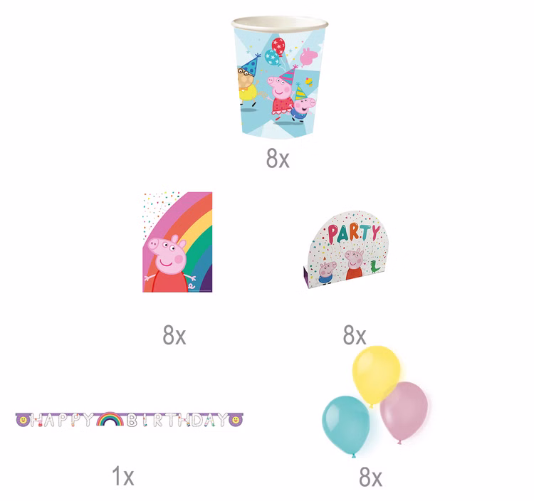 Peppa Wutz Party-Set Kindergeburtstag Peppa Pig Pappgeschirr 33-tlg. Luftballons Geburtstag Mottoparty Party-Zubehör Tischdeko Übersicht des 32-teiligen Peppa Wutz Party-Sets mit Bechern, Tüten, Einladungskarten, Girlande und Luftballons.