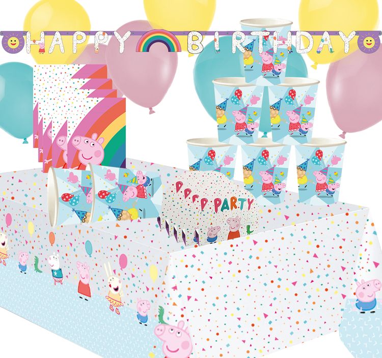 Peppa Wutz Party-Set aufgebaut mit Bechern, Girlande, Geschenktüten, Einladungskarten und Luftballons. Die Tischdecke gehört nicht zum Lieferumfang dazu.