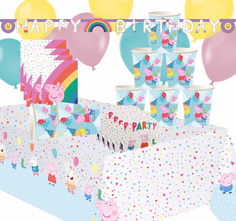 Peppa Wutz Party-Set Kindergeburtstag Peppa Pig Pappgeschirr 33-tlg. Luftballons Geburtstag Mottoparty Party-Zubehör Tischdeko Peppa Wutz Party-Set aufgebaut mit Bechern, Girlande, Geschenktüten, Einladungskarten und Luftballons. Die Tischdecke gehört nicht zum Lieferumfang dazu.