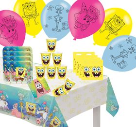 Party-Set Kindergeburtstag Spongebob Schwammkopf 47 Teile Geschirr-Set Luftballons Geburtstag Schuleingang Fasching Karneval Mottoparty Tisch-Deko Party-Deko 