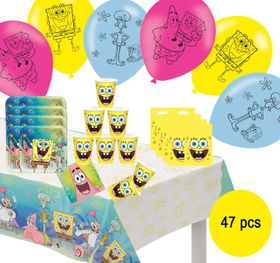 Party-Set Kindergeburtstag Spongebob Schwammkopf 47 Teile Geschirr-Set Luftballons Geburtstag Schuleingang Fasching Karneval Mottoparty Tisch-Deko Party-Deko 