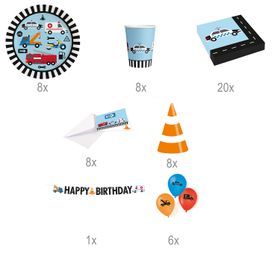 Darstellung des gesamten 59-teiligen Sets inklusive Geschirr, Deko und Zubehör für einen Kindergeburtstag.