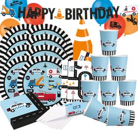 Darstellung des gesamten 59-teiligen Sets inklusive Geschirr, Deko und Zubehör für einen Kindergeburtstag.