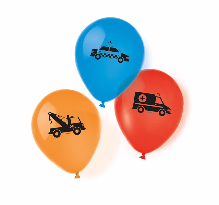 Autos auf der Straße Party-Set 59-tlg. Verkehr Kindergeburtstag Tisch-Deko Einweggeschirr Papier On the Road Luftballons Geburtstag SALE Party-Deko Bunte Luftballons in Blau, Orange und Rot mit Fahrzeugmotiven wie Polizei- und Rettungswagen.