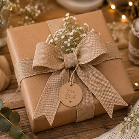 Geschenkbox mit großer Jute-Schleife, Naturpapier und kleinen Blumen als liebevolle Vintage-Geschenkverpackung.