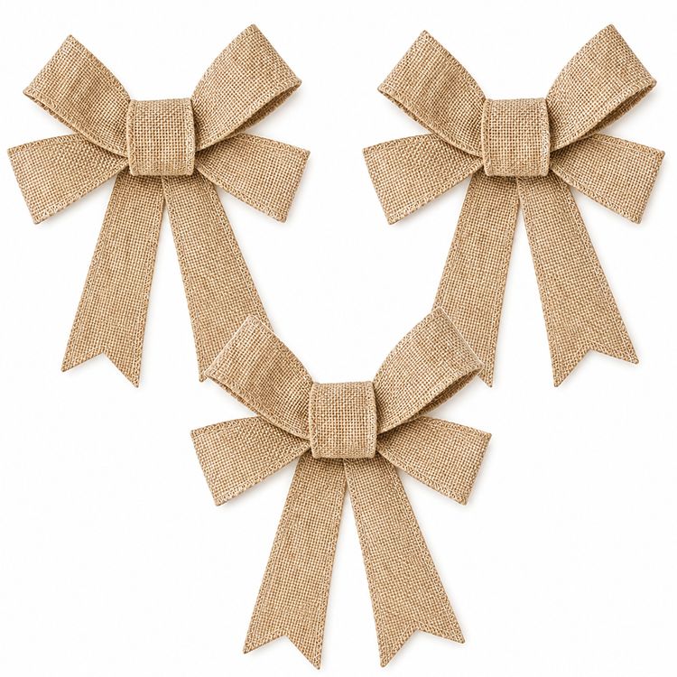 Drei dekorative Jute-Schleifen im Vintage-Stil auf hellem Hintergrund als rustikale Hochzeits- und Geschenk-Deko.
