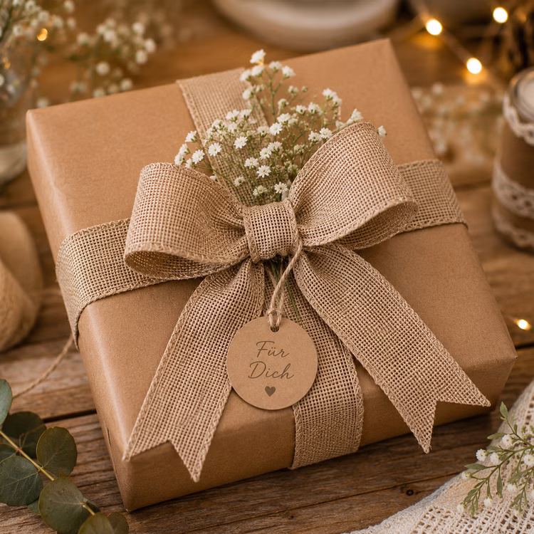 Jute Schleifen Vintage 3er Set Hochzeits-Deko Autoschleifen Boho Natur SALE Geschenkverpackung Schleifen-Set Dekoration für jeden Anlass Geschenkbox mit großer Jute-Schleife, Naturpapier und kleinen Blumen als liebevolle Vintage-Geschenkverpackung.