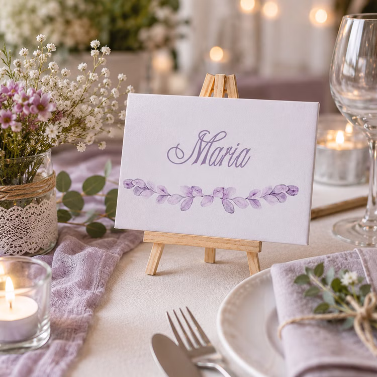 Mini Staffelei Holz 8,8 x 14,5 cm Foto- & Kartenhalter Hochzeit Geburtstag Aufsteller Holz Keilrahmen Tisch-Deko Events Jubiläum SALE Party-Deko Party-Zubehör Dekorative Mini-Staffelei aus Naturholz mit eleganter Namenskarte auf festlich gedecktem Tisch mit Kerzen und Blumen.