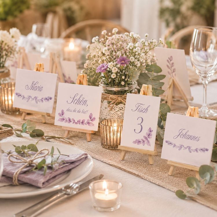 Mehrere Mini-Staffeleien aus Naturholz als stilvolle Tischdekoration mit Namenskarten und Blumenarrangement zur Hochzeit.