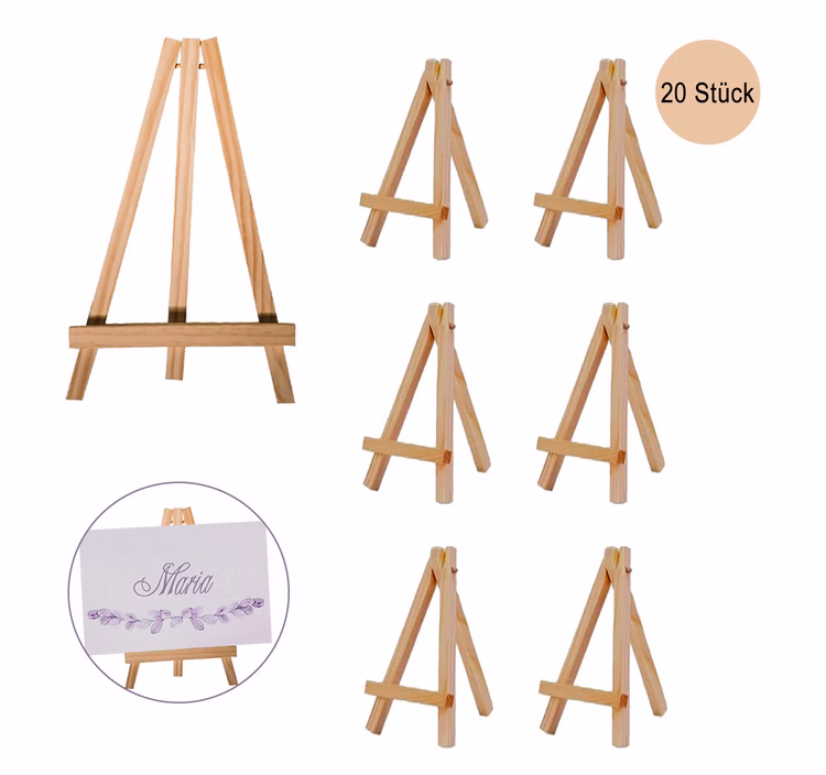 20 Mini Staffeleien Holz Kartenhalter Fotohalter Hochzeit Tischdeko Aufsteller Holz Keilrahmen Tisch-Deko Events Jubiläum SALE Party-Deko Party-Zubehör Mini-Staffelei aus Holz mit dekorativer Namenskarte auf weißem Hintergrund – ideal für Fotos, Platzkarten und Tischnummern.