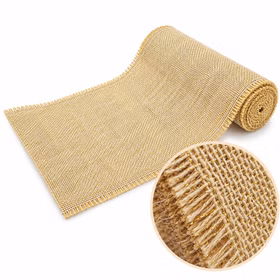 Jute Tischläufer mit Goldschimmer 3 m x 29 cm Vintage Hochzeits-Deko SALE gedeckter Tisch Geburtstag Boho Familienfeier Alltag Naturfarbener Jute-Tischläufer mit goldenen Glitzerfasern und vergrößerter Detailansicht der groben Webstruktur.
