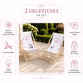 Infografik zum Liegestuhl-Set mit Classic Herz-Motiv, Buchenholz, Verstellbarkeit und Belastbarkeit bis 110 kg. Hinweis: KI generiertes Bild