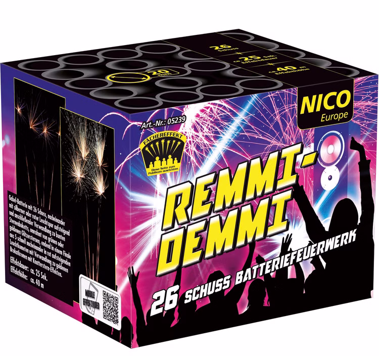 Remmidemmi Feuerwerksbatterie 26 Schuss, für Silvester, Hochzeiten, Geburtstage uvm. Remmidemmi Feuerwerksbatterie 26 Schuss, für Silvester, Hochzeiten, Geburtstage uvm.