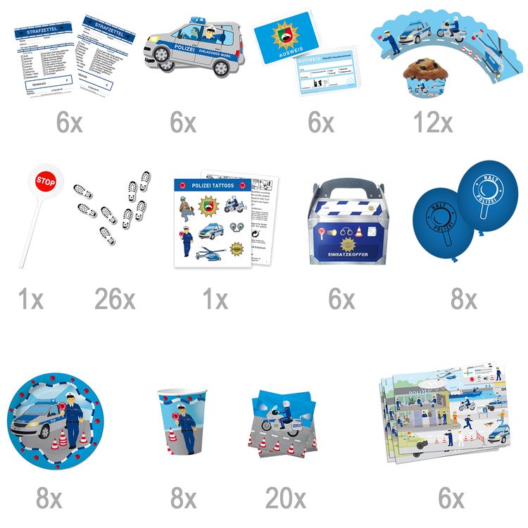XXL Party-Set Kindergeburtstag Polizei für 6 Kinder 121-tlg. Tisch-Deko XXL Party-Set Kindergeburtstag Polizei für 6 Kinder 121 Teile Polizist Mottoparty Fasching Geburtstag