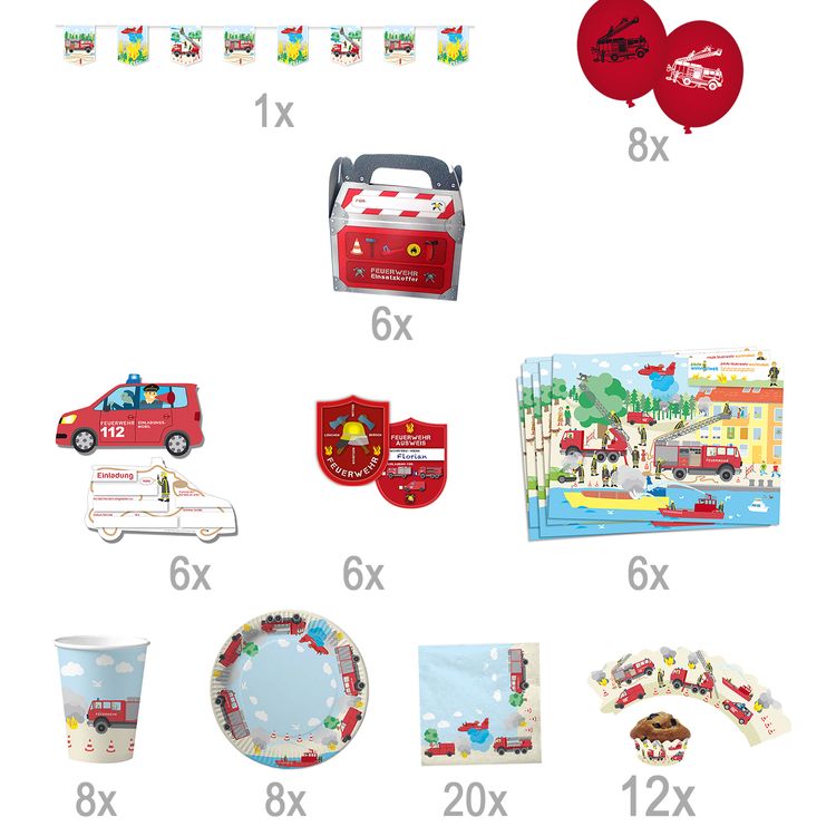 XXL Party-Set Kindergeburtstag Feuerwehr für 6 Kinder, 81-tlg. XXL Party-Set Kindergeburtstag Feuerwehr für 6 Kinder 81 Teile Geschirr Geburtstag Jungen Mottoparty
