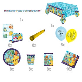 Pokemon Party-Set Kindergeburtstag für 8 Kinder, 64 Teile Geburtstag Mottoparty Kinderfasching Fasching