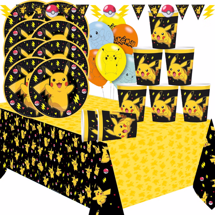 Pokemon Party-Set Kindergeburtstag für 8 Kinder 26-tlg. Tisch-Deko Party-Zubehör Geburtstag Mottoparty Dekoration Übersicht Pokemon Party-Set mit Partygeschirr.