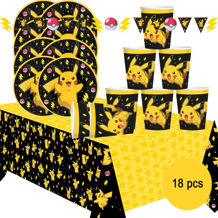 Übersicht Pokemon Party-Set mit Partygeschirr und dem Hinweis mit 18 Einzelteilen