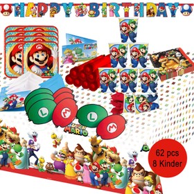 Super Mario Party-Set Kindergeburtstag 8 Kinder 62 Teile Geburtstag Pappgeschirr Mottoparty Kinderfasching Fasching Karneval