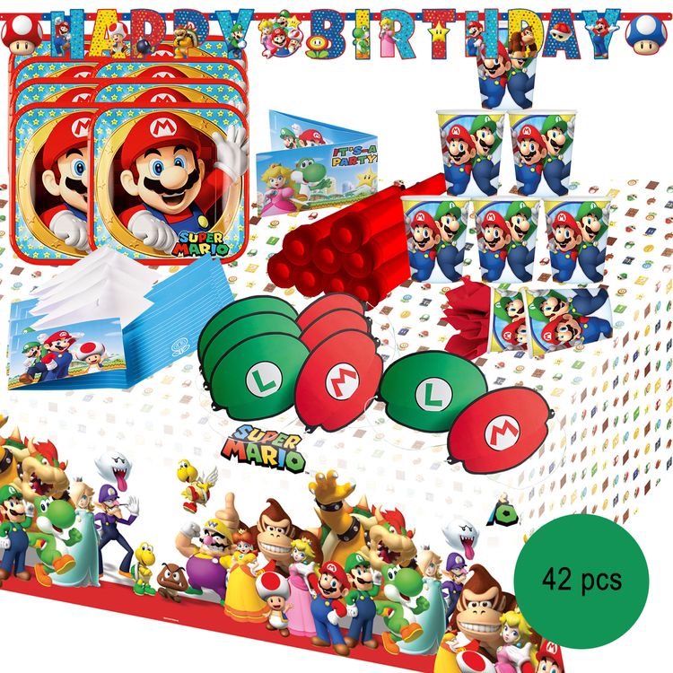 Super Mario Party-Set Kindergeburtstag 8 Kinder 42 Teile Geburtstag Pappgeschirr SALE Mottoparty Kinderfasching Fasching Karneval