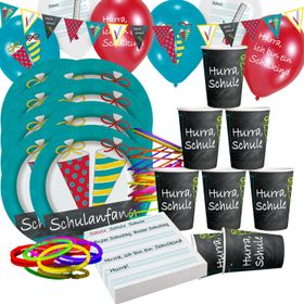 143-teiliges Einschulung Party-Set mit Zuckertüten-Motiv, Ballons, Deko, Bechern, Tellern und Knicklichtern.