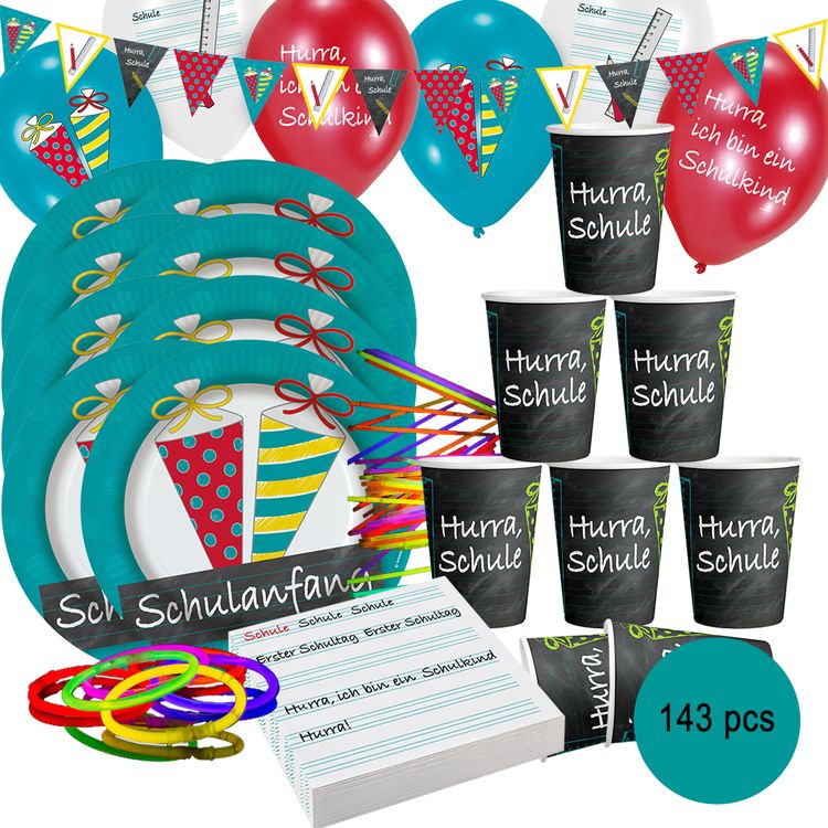 143-teiliges Einschulung Party-Set mit Zuckertüten-Motiv, Ballons, Deko, Bechern, Tellern und Knicklichtern.
