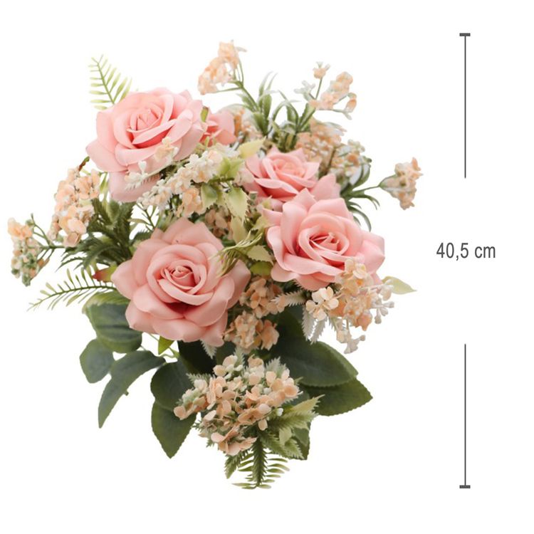 Deko Kunstblumen Rosenstrauß 5 Rosen rosa mit Blattgrün 40,5 cm Hochzeit Geburtstag Zuhause Vintage