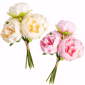 Kunstblumen Pfingstrosen 6er Blumenstrauß Vintage weiß und pink 27,5 cm Deko SALE Tisch-Deko dekorative Blumen Hochzeit Geburtstag Zuhause künstlicher Blumenstrauß Zwei künstliche Pfingstrosen-Sträuße in Weiß und Pink mit voller Blüte vor hellem Hintergrund dekorativ arrangiert.