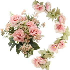 Deko Kunstblumen Rosenstrauß 40,5 cm mit Rosengirlande 220 cm Vintage Geburtstag Hochzeit Dekoration Zuhause Blumengesteck